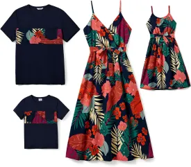 PATPAT Family Matching Outfits Mommy and Me Dresses Hawaiian Tropical Vacation Beach Spaghetti Strap Dress and Shirt