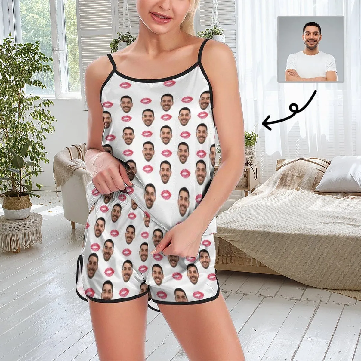 Personalised Ladies Pajamas Sexy Red Lips Sleepwear Custom Women's Sexy Cami Pajama Set Honeymoon Anniversary Gift