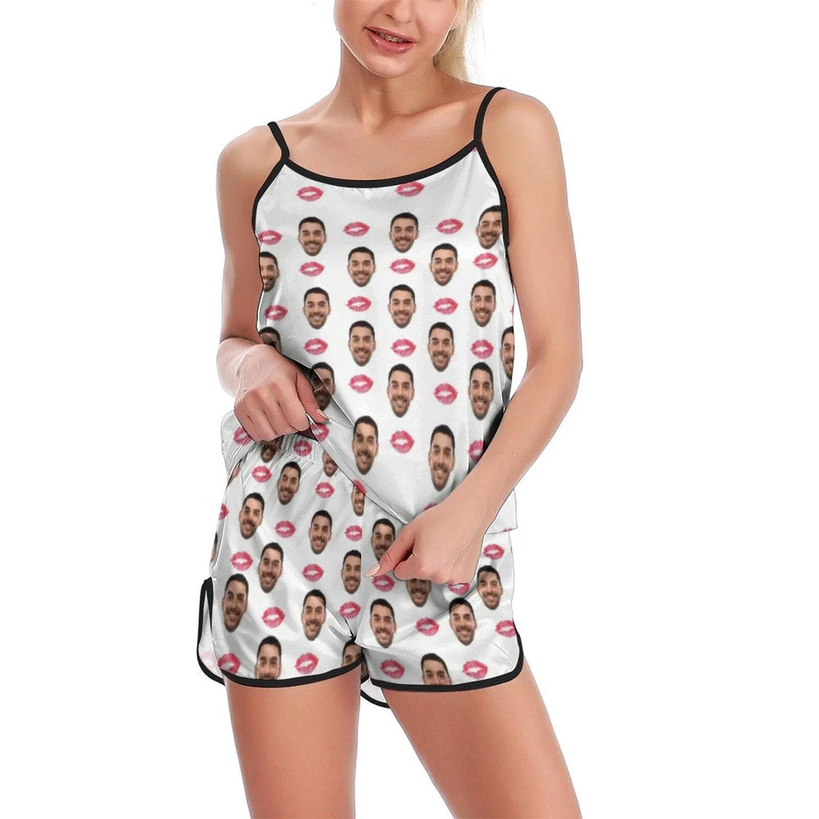 Personalised Ladies Pajamas Sexy Red Lips Sleepwear Custom Women's Sexy Cami Pajama Set Honeymoon Anniversary Gift
