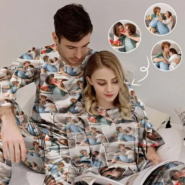 Personalized Photo Pajamas Custom Photo Crewneck Long Pajama Set&Couple Matching Pajamas