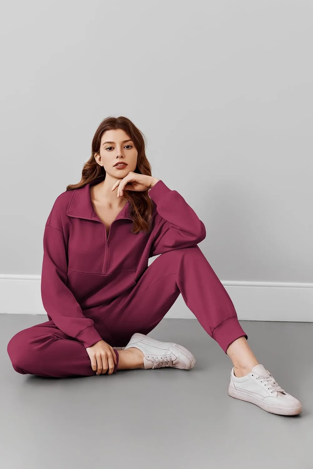 PINSPARK 2 Piece Sets for Women 2024 Fall Travel Outfits Long Sleeve Tracksuit Joggers Sets Half Zip Sweatsuit Matching Set