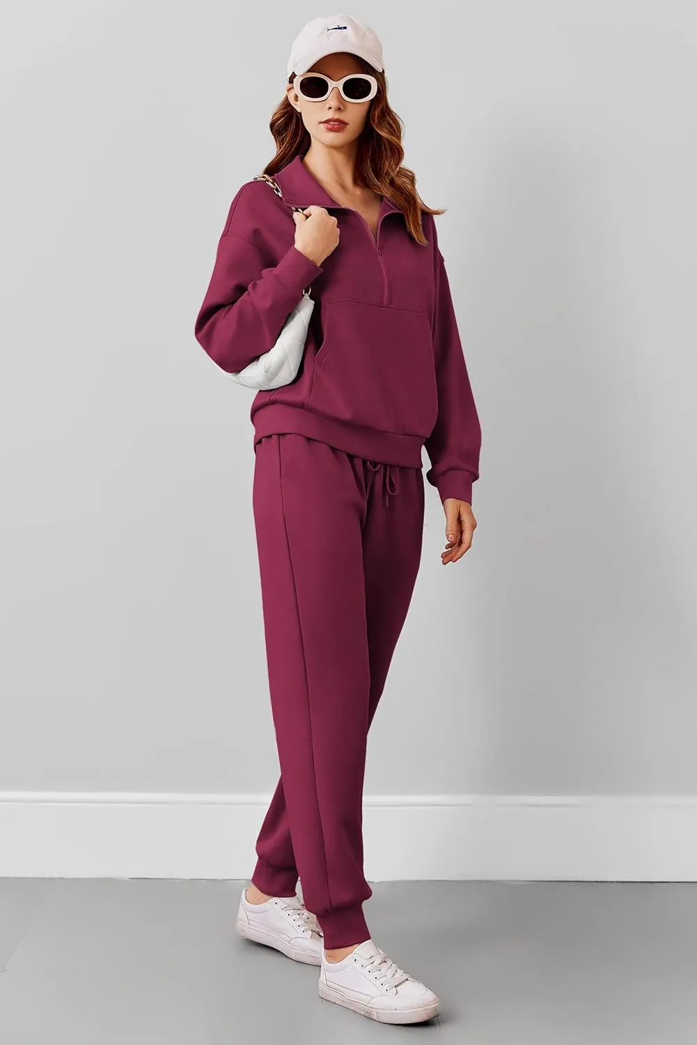 PINSPARK 2 Piece Sets for Women 2024 Fall Travel Outfits Long Sleeve Tracksuit Joggers Sets Half Zip Sweatsuit Matching Set