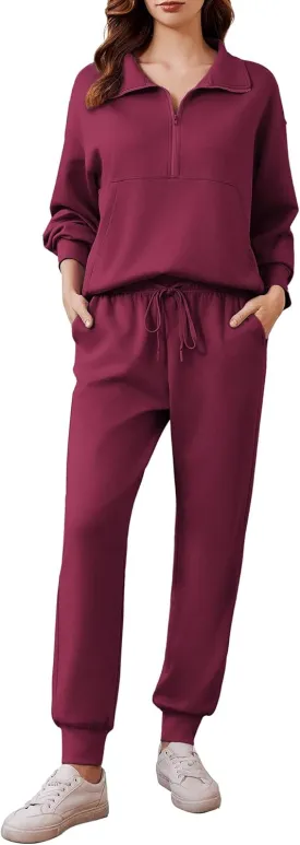 PINSPARK 2 Piece Sets for Women 2024 Fall Travel Outfits Long Sleeve Tracksuit Joggers Sets Half Zip Sweatsuit Matching Set