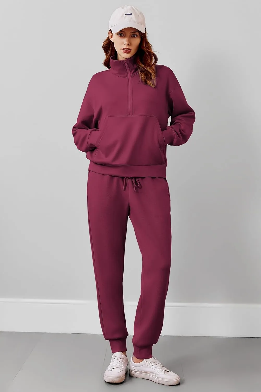 PINSPARK 2 Piece Sets for Women 2024 Fall Travel Outfits Long Sleeve Tracksuit Joggers Sets Half Zip Sweatsuit Matching Set