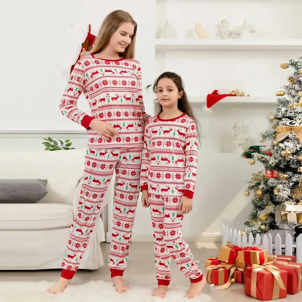 Reindeer Family Matching PJS Christmas Snowflake Print Pajama Sleepwear Xmas Pyjamas