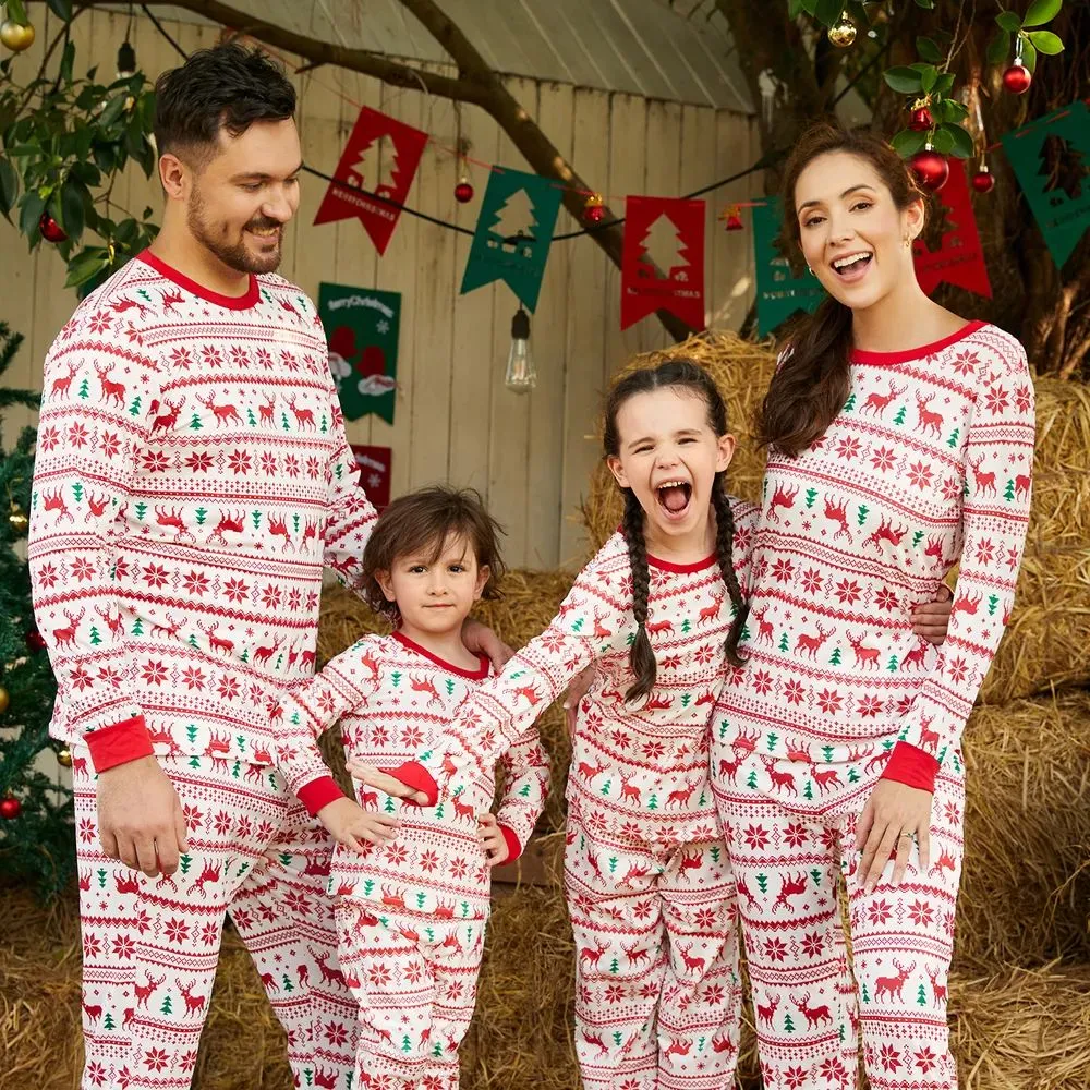 Reindeer Family Matching PJS Christmas Snowflake Print Pajama Sleepwear Xmas Pyjamas