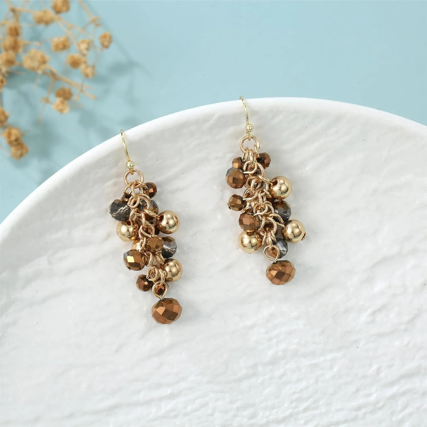 Sparkly Crystal Beads Dangle Earrings for Women Cute Handmade Boho Cluster Drop Earrings