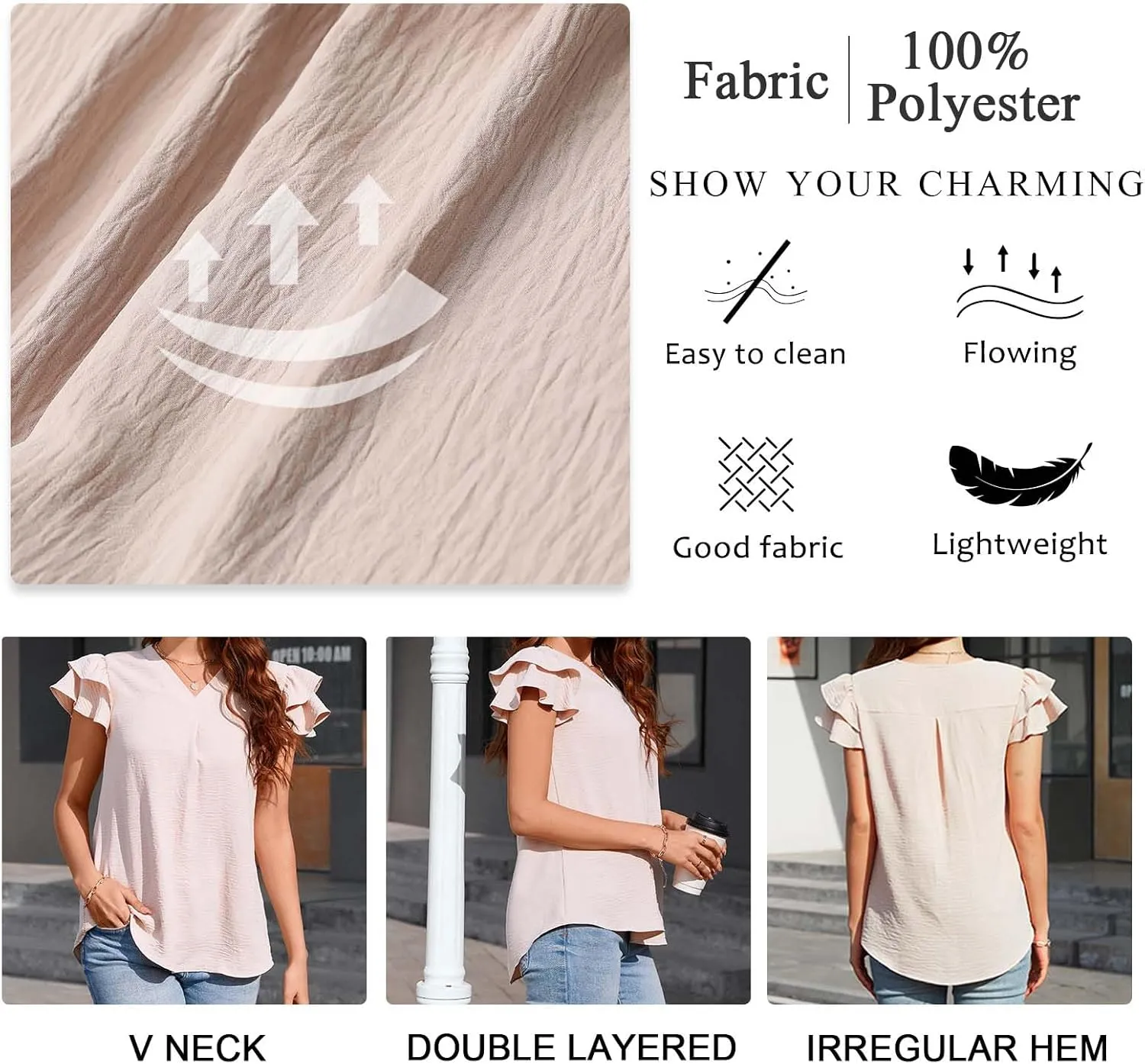 TAOHUADAO Womens Summer Casual Tops Double Layered Short Sleeve T-Shirts V Neck Business Dressy Blouse