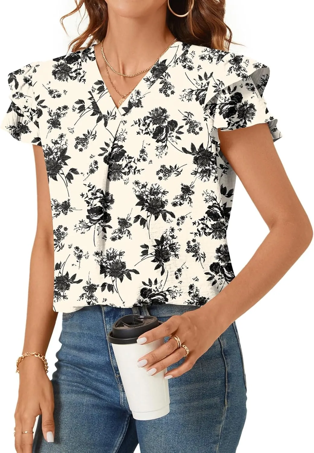 TAOHUADAO Womens Summer Casual Tops Double Layered Short Sleeve T-Shirts V Neck Business Dressy Blouse