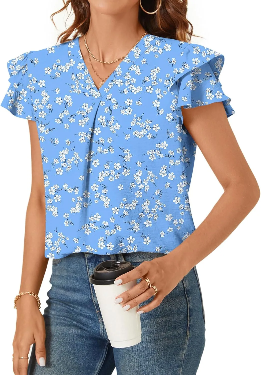 TAOHUADAO Womens Summer Casual Tops Double Layered Short Sleeve T-Shirts V Neck Business Dressy Blouse