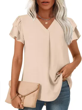 TAOHUADAO Womens Summer Casual Tops Double Layered Short Sleeve T-Shirts V Neck Business Dressy Blouse