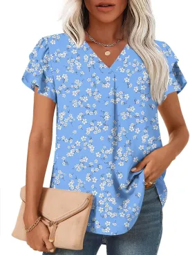 TAOHUADAO Womens Summer Casual Tops Double Layered Short Sleeve T-Shirts V Neck Business Dressy Blouse