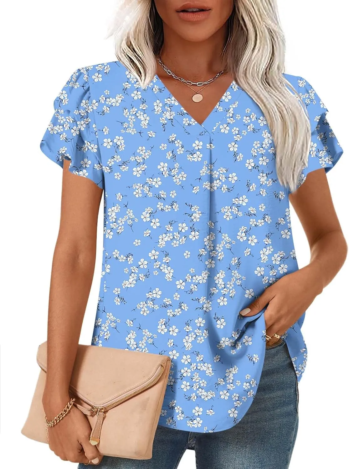 TAOHUADAO Womens Summer Casual Tops Double Layered Short Sleeve T-Shirts V Neck Business Dressy Blouse