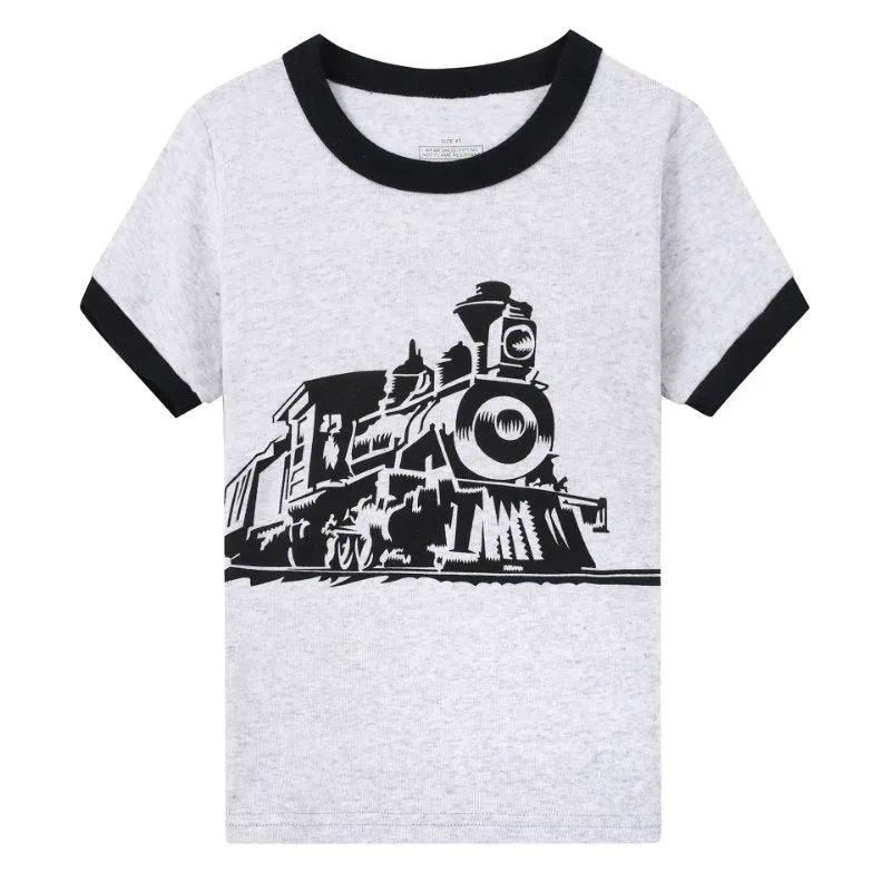 Toddler Boy's Short Sleeve Light Gray Train Print Pajama Set