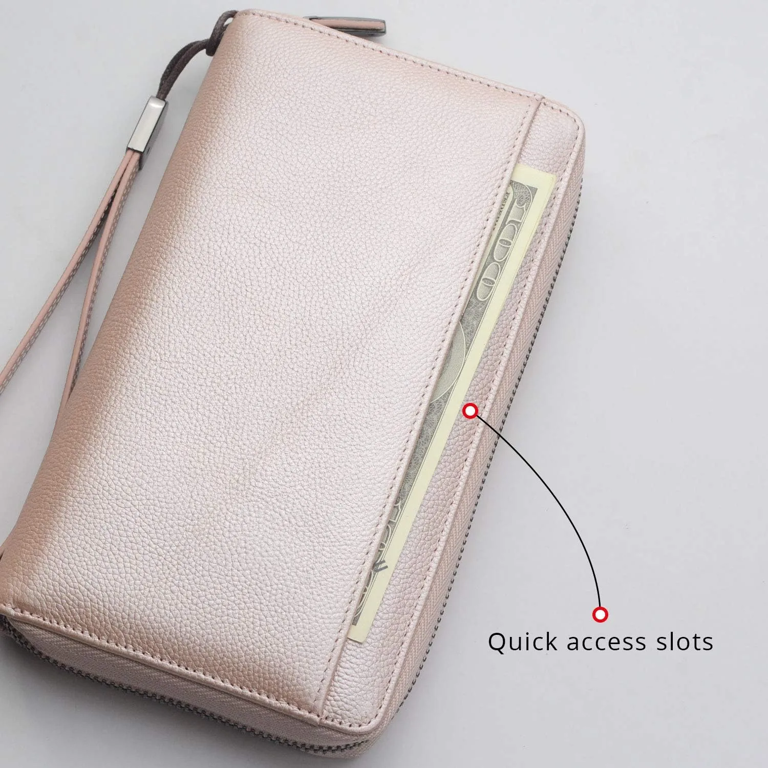 Travel Document Organizer RFID Blocking Leather Multiple Passport Wallet Family Holder Id Wrist Strap(Rose Gold)