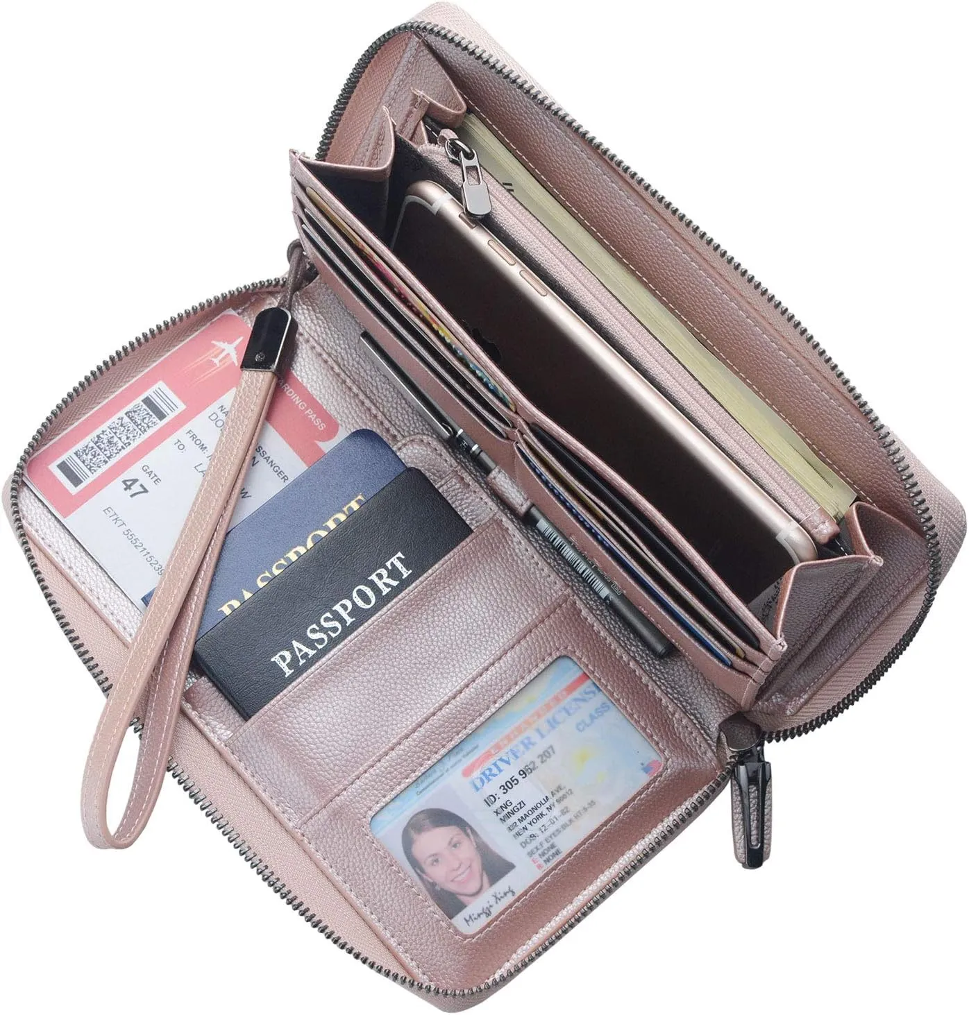 Travel Document Organizer RFID Blocking Leather Multiple Passport Wallet Family Holder Id Wrist Strap(Rose Gold)