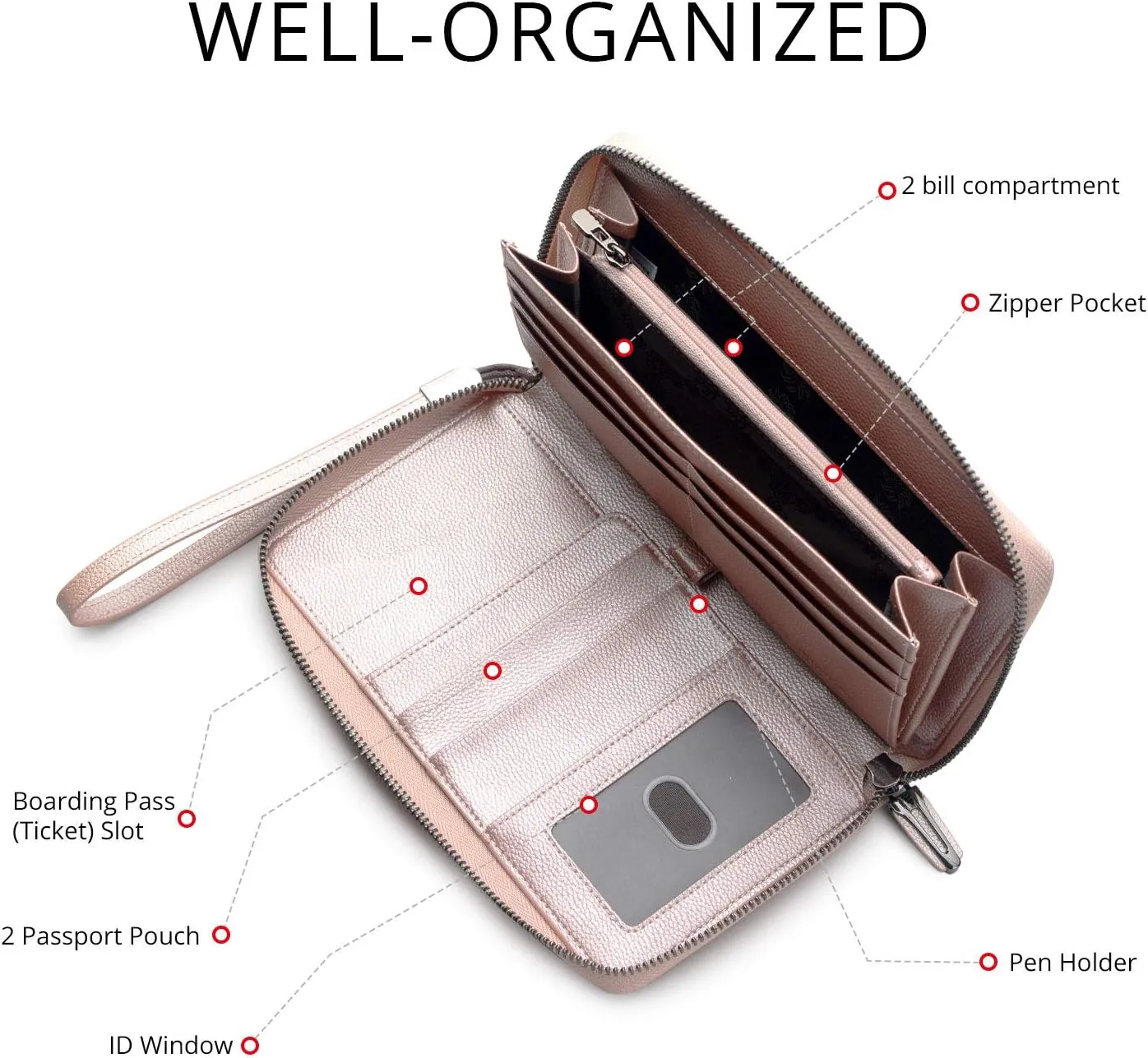 Travel Document Organizer RFID Blocking Leather Multiple Passport Wallet Family Holder Id Wrist Strap(Rose Gold)