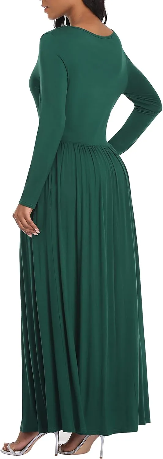 VintageClothing Casual Long Sleeve Maxi Dresses with Pockets for Women Long T Shirt Dress Travel Vacation Outfits