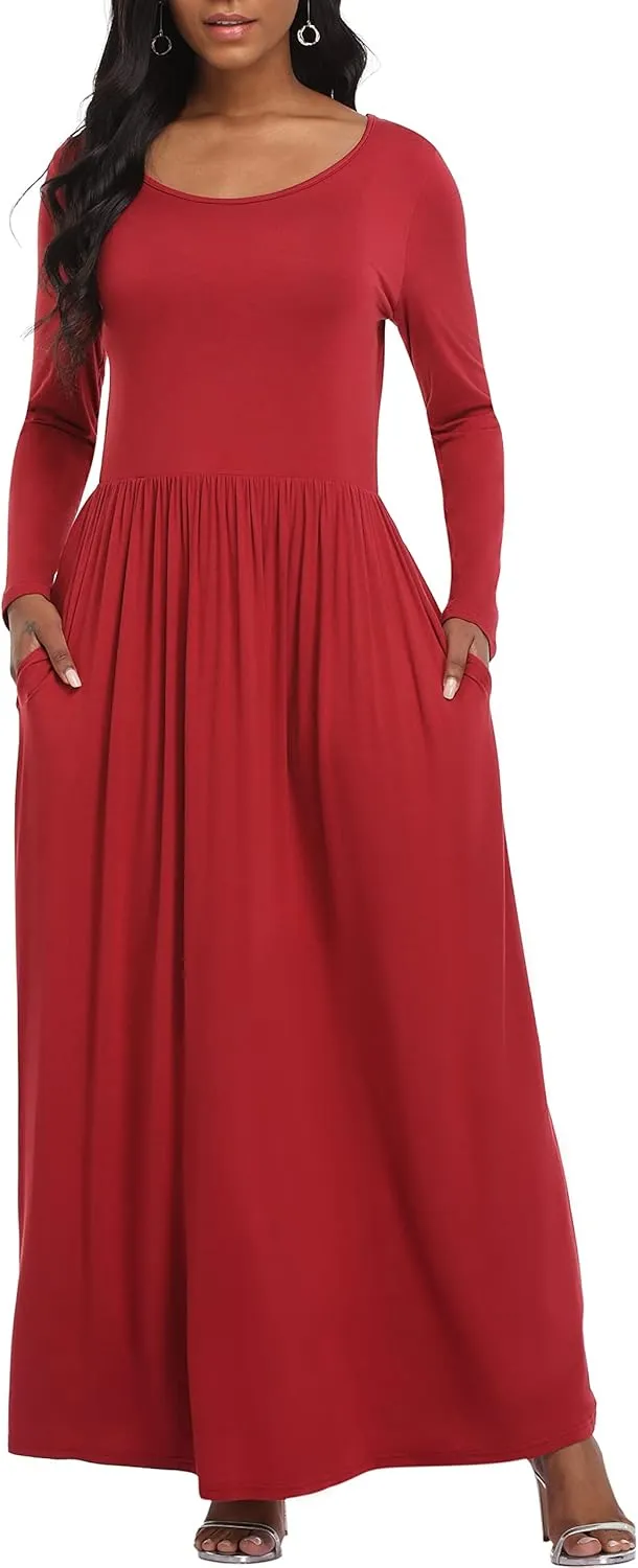 VintageClothing Casual Long Sleeve Maxi Dresses with Pockets for Women Long T Shirt Dress Travel Vacation Outfits