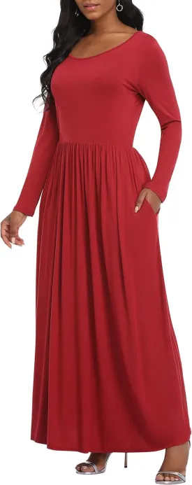 VintageClothing Casual Long Sleeve Maxi Dresses with Pockets for Women Long T Shirt Dress Travel Vacation Outfits