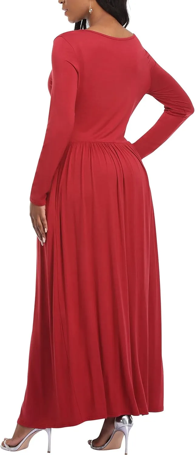 VintageClothing Casual Long Sleeve Maxi Dresses with Pockets for Women Long T Shirt Dress Travel Vacation Outfits