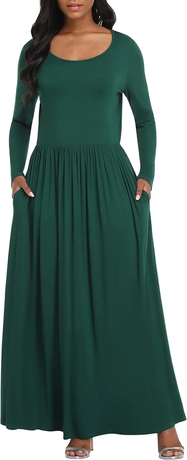 VintageClothing Casual Long Sleeve Maxi Dresses with Pockets for Women Long T Shirt Dress Travel Vacation Outfits