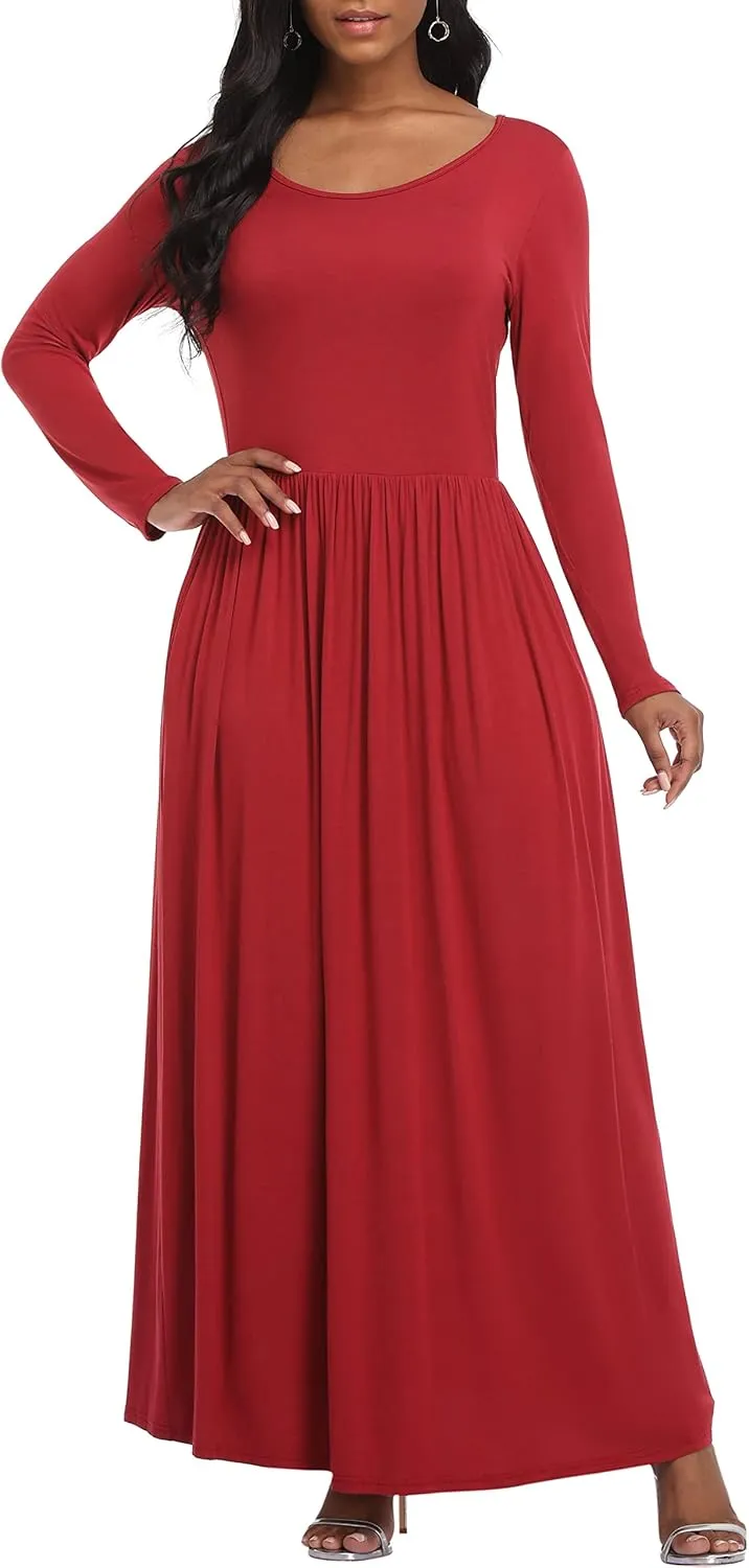 VintageClothing Casual Long Sleeve Maxi Dresses with Pockets for Women Long T Shirt Dress Travel Vacation Outfits