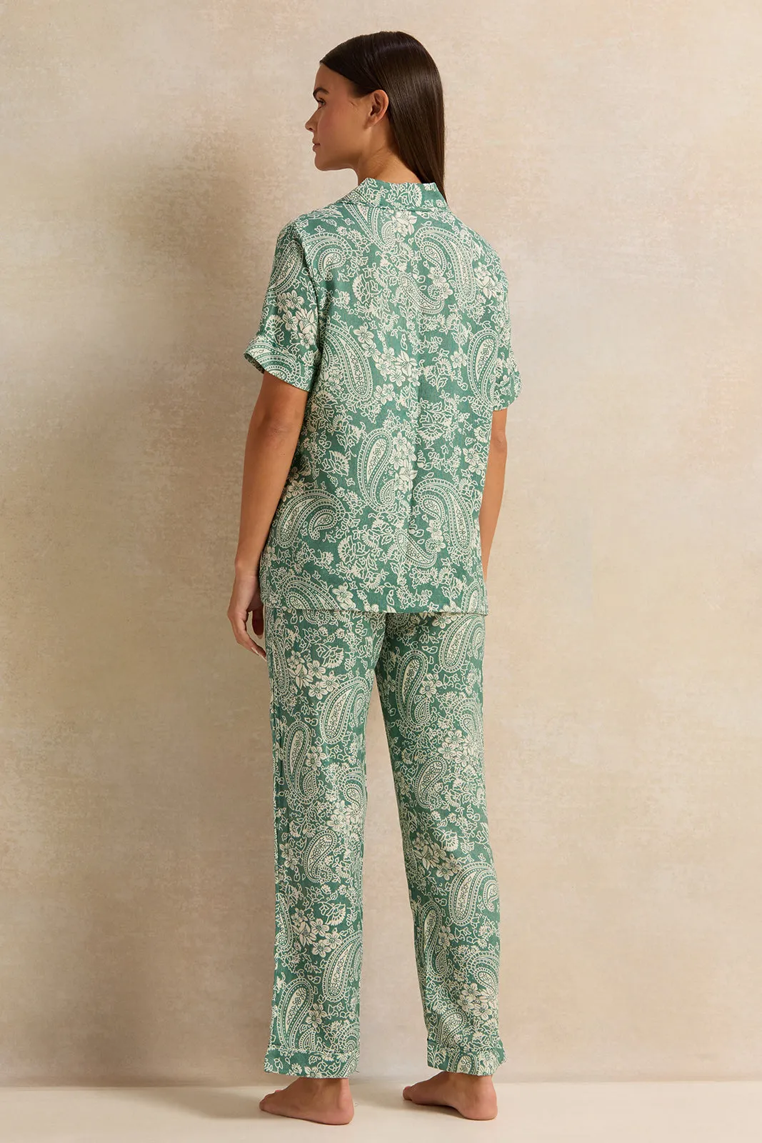 Women Green Printed Short Sleeve Pyjama Set (2 Piece)