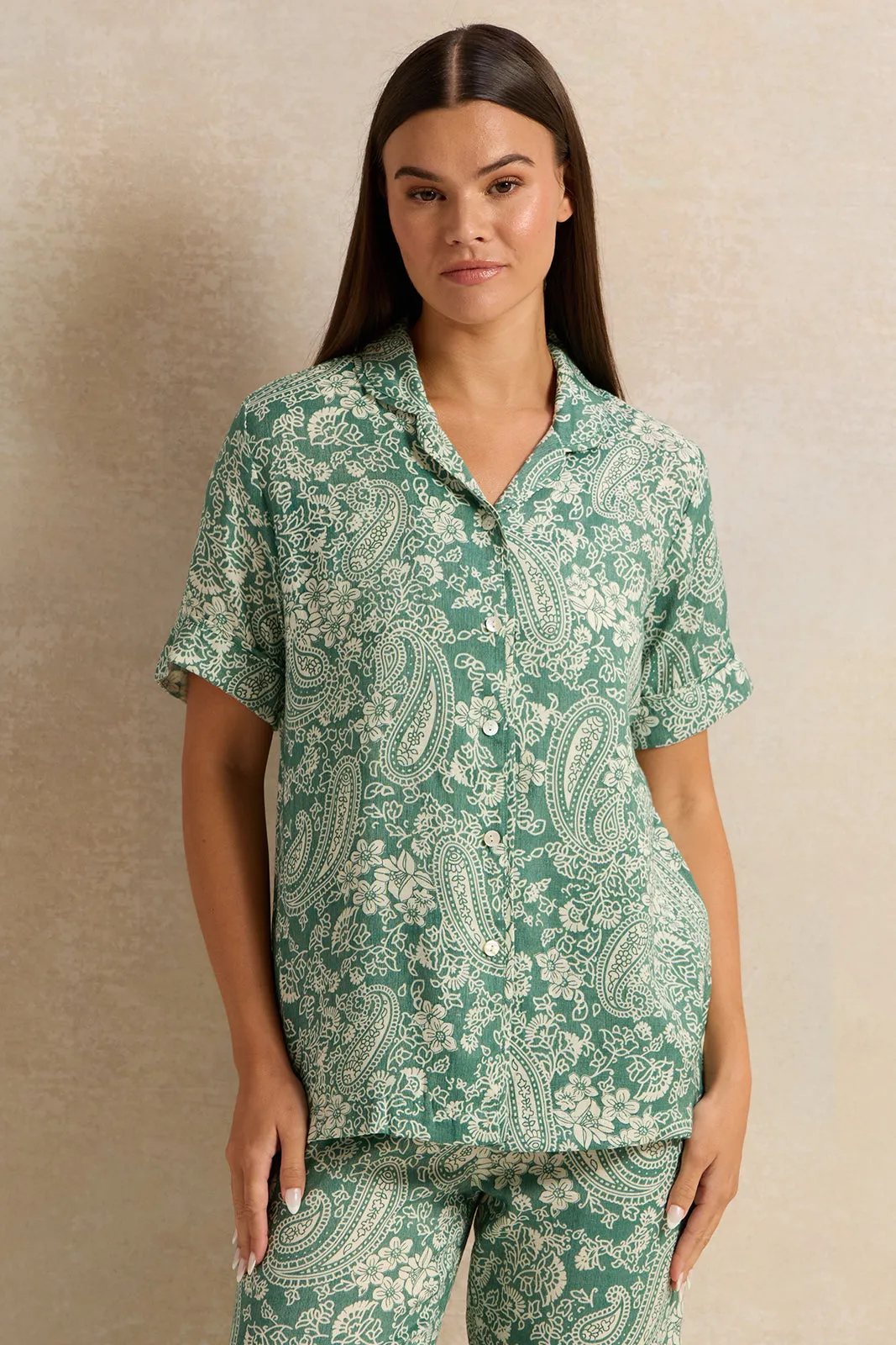 Women Green Printed Short Sleeve Pyjama Set (2 Piece)