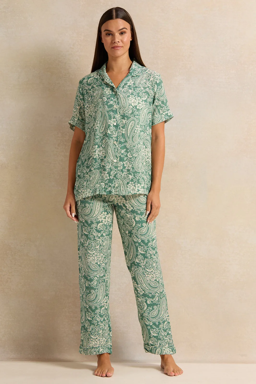 Women Green Printed Short Sleeve Pyjama Set (2 Piece)
