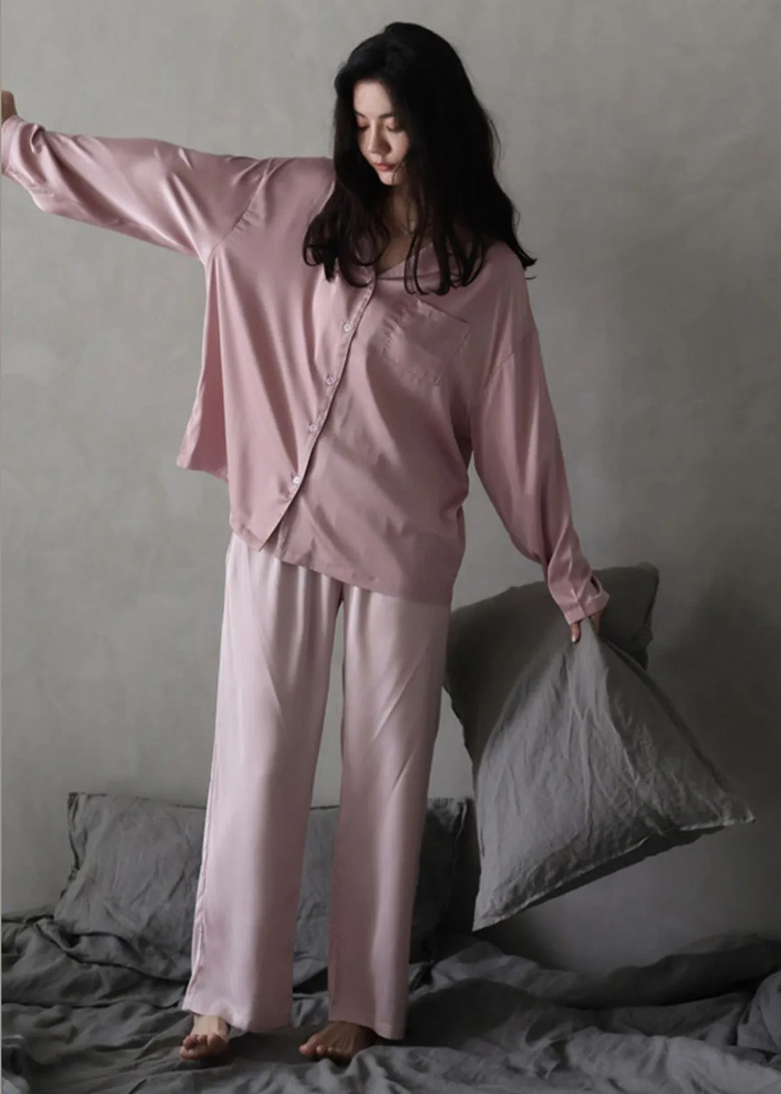 Women Pink Peter Pan Collar Button Cozy Ice Silk Pajamas Two Piece Set Long Sleeve