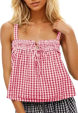 Women Plaid Cropped Camisole Tops Ruched Tie Front Square Neck Backless Loose Cute Crop Cami Tank Adjustable Top