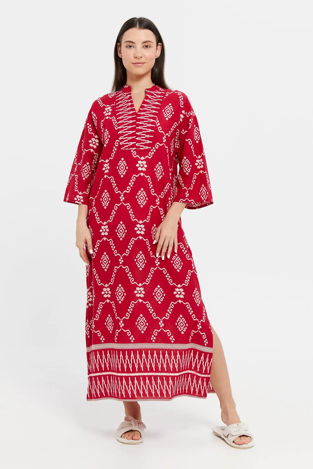 Women Red Printed Kaftan Nightgown