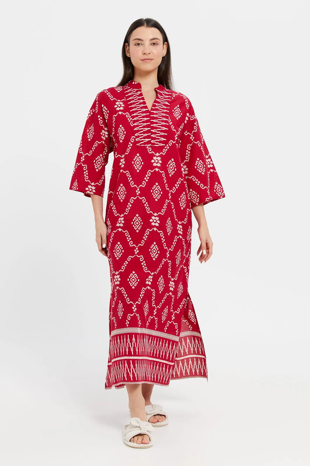 Women Red Printed Kaftan Nightgown
