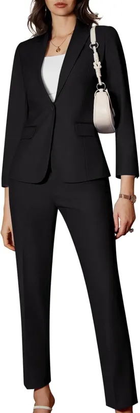 Women's 2 Piece Business Office Suit Lady Peaked Lapel Slim Fit One Button Blazer Jacket and Pants Set