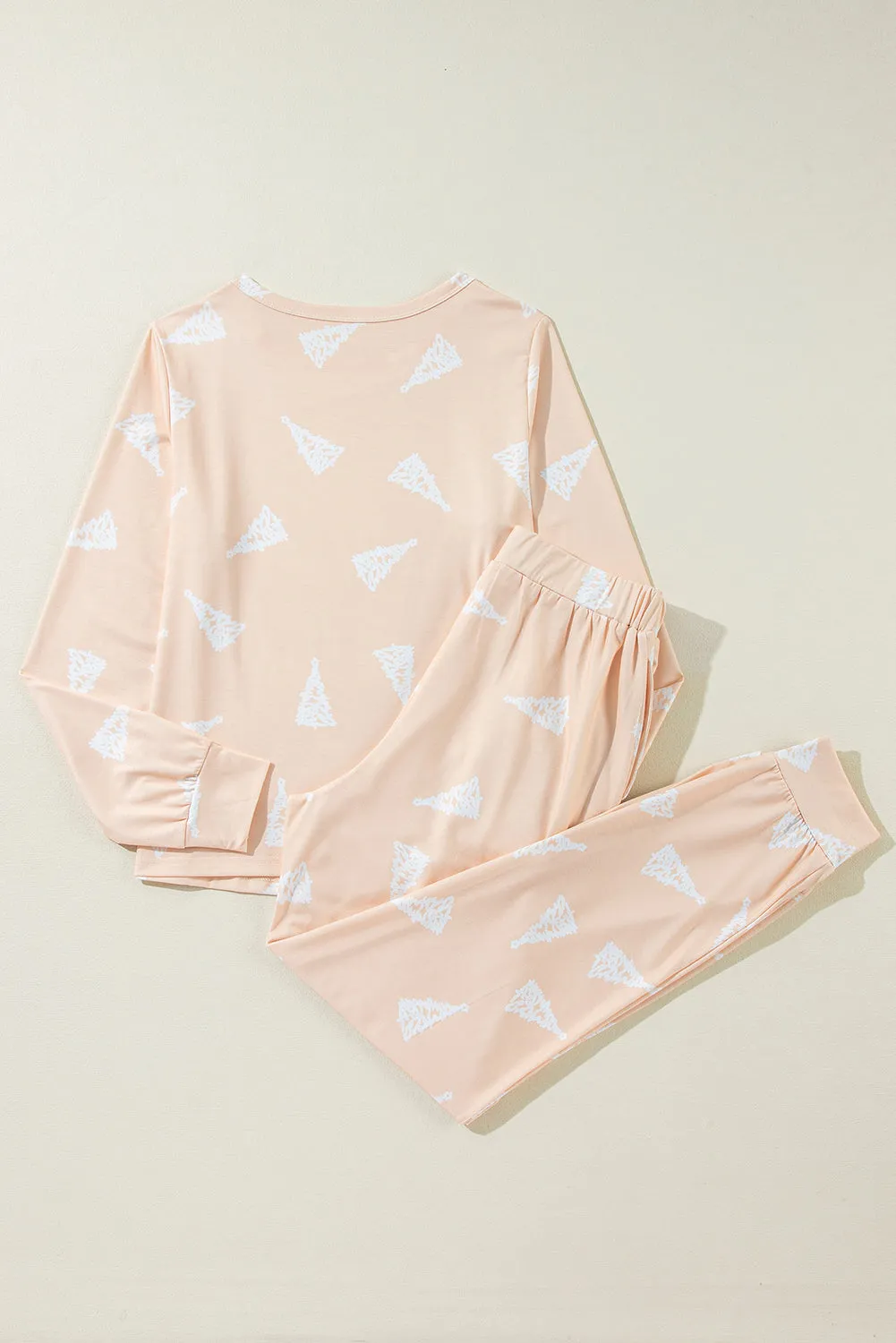 Womens Cozy Apricot Christmas Tree Print Pajama Set