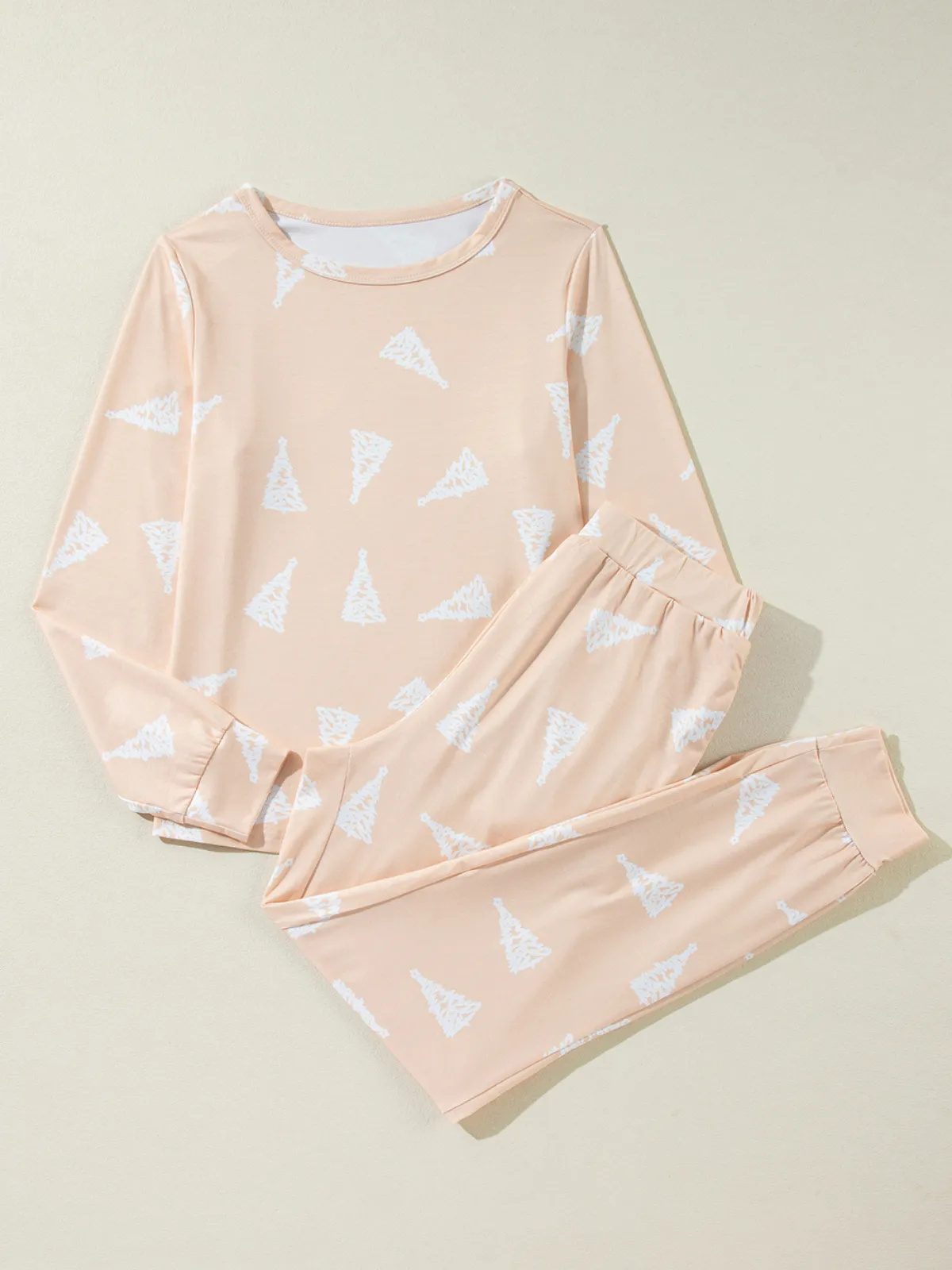 Womens Cozy Apricot Christmas Tree Print Pajama Set
