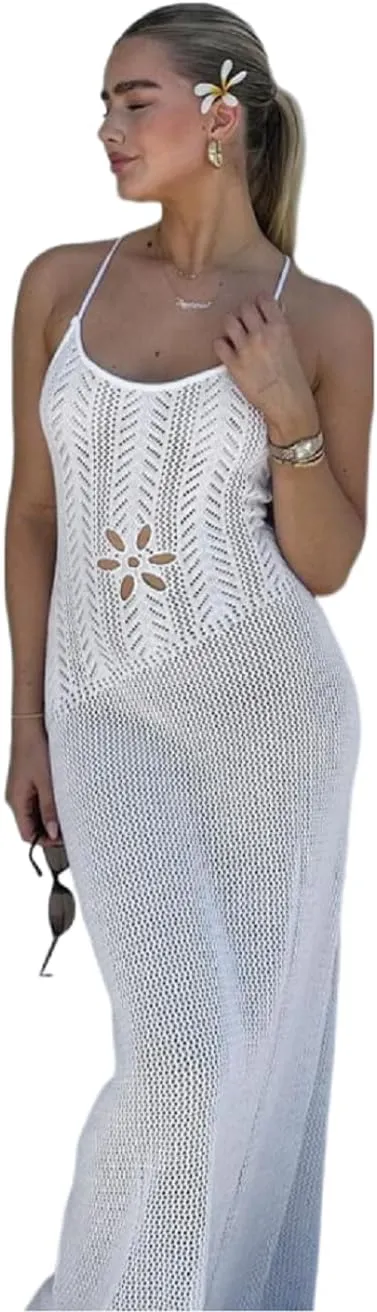 Women's Crochet Knitted Halter Maxi Dress Sexy Hollow Out V-Neck Lace Up Backless Bodycon Beach Holiday Long Dress