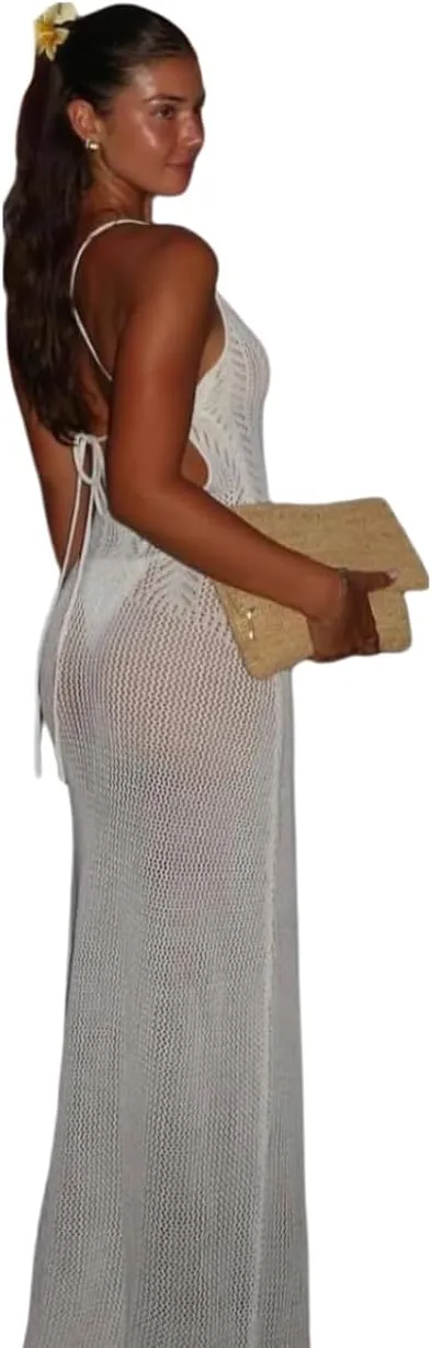 Women's Crochet Knitted Halter Maxi Dress Sexy Hollow Out V-Neck Lace Up Backless Bodycon Beach Holiday Long Dress