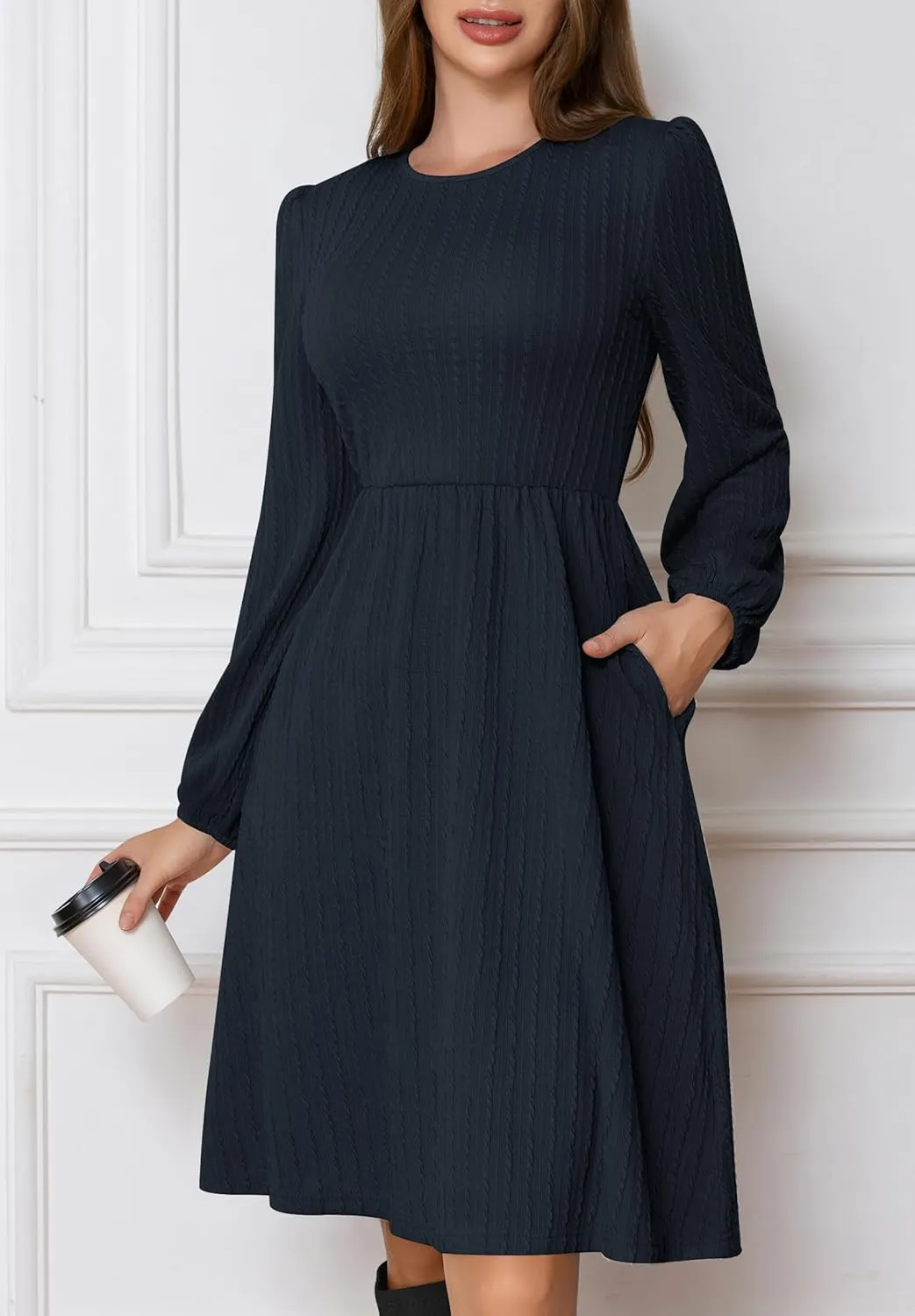 Womens Dresses 2025 Long Sleeve Crew Neck Casual Fall Winter Tunic Dress Mini Wedding Guest Dresses with Pockets