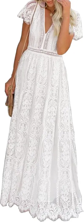 Women's Fall Lace Maxi Wedding Dress Long Sleeve V Neck Flowy A Line Cocktail Formal Party Dress Spring