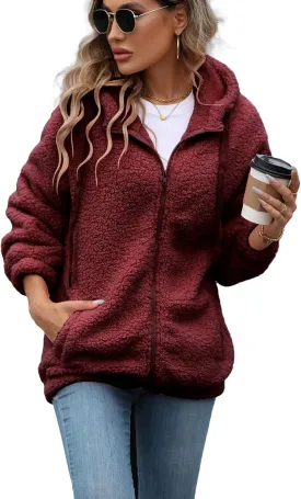 Womens Fleece Jacket Fall Winter Full Zip Sherpa Coat with Hood S-5XL