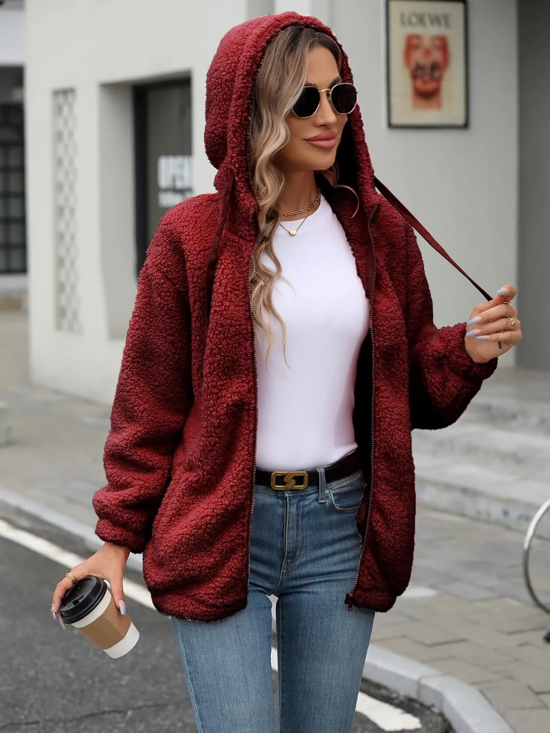 Womens Fleece Jacket Fall Winter Full Zip Sherpa Coat with Hood S-5XL