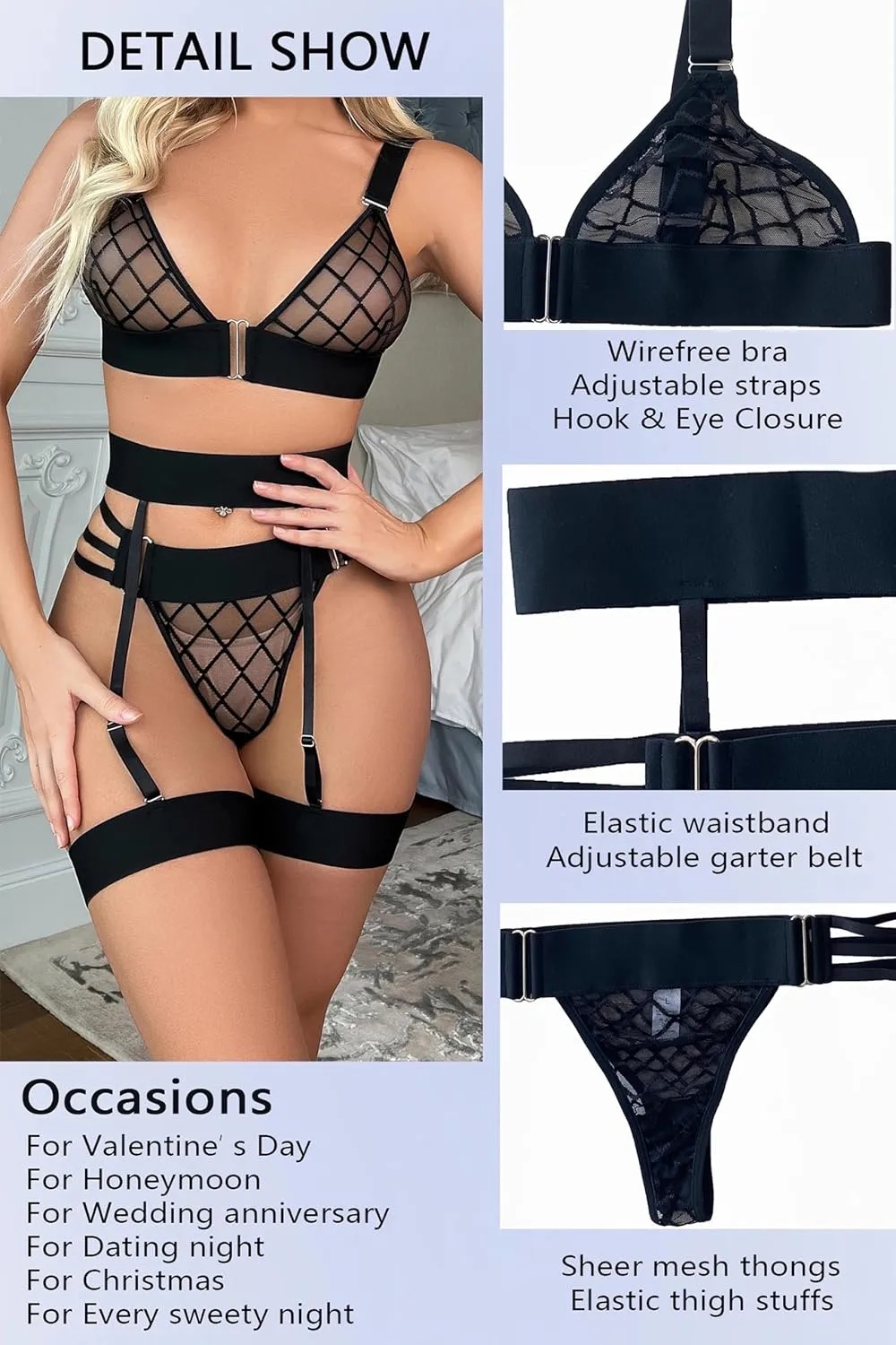 Women's Lingerie Sets with Garter Belt Strappy 4 Piece Bra and Panty Sets with Thigh Cuffs Sexy Outfit for Women