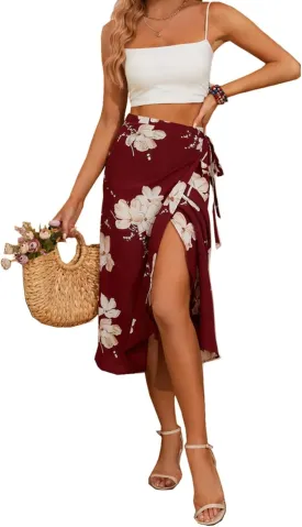 Wrap Skirts for Women Floral Midi High Low Slit Flowy Maxi Skirt 2 Sizes for All