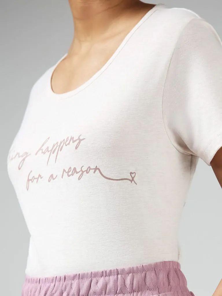 Wunderlove Beige Typographic Printed Cotton Blend T-Shirt