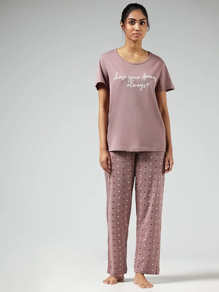 Wunderlove Light Brown Typographic Printed Cotton T-Shirt